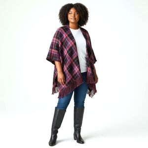 TORRID Plus Size 1X Oversized Plaid Drape Fringe Hem Jacket.